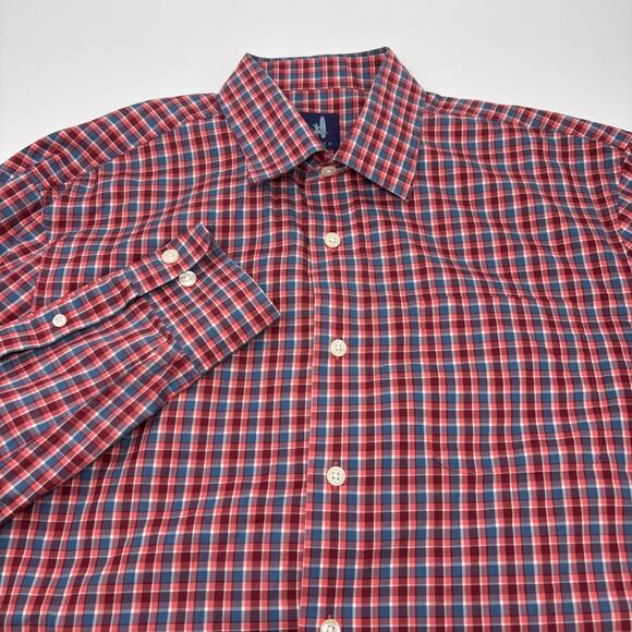 Johnnie O Mens Medium Red‎ Blue Check Long Sleeve Button Down Shirt - Picture 1 of 5